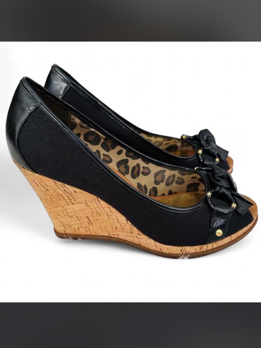 Black Cork Wedge Peep-Toe Pumps with Bow